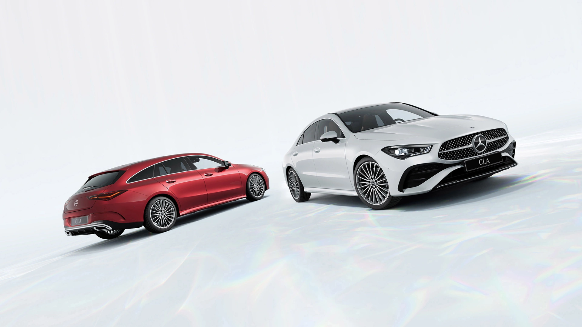 Mercedes-Benz CLA coupe and shooting break on white sleek background.