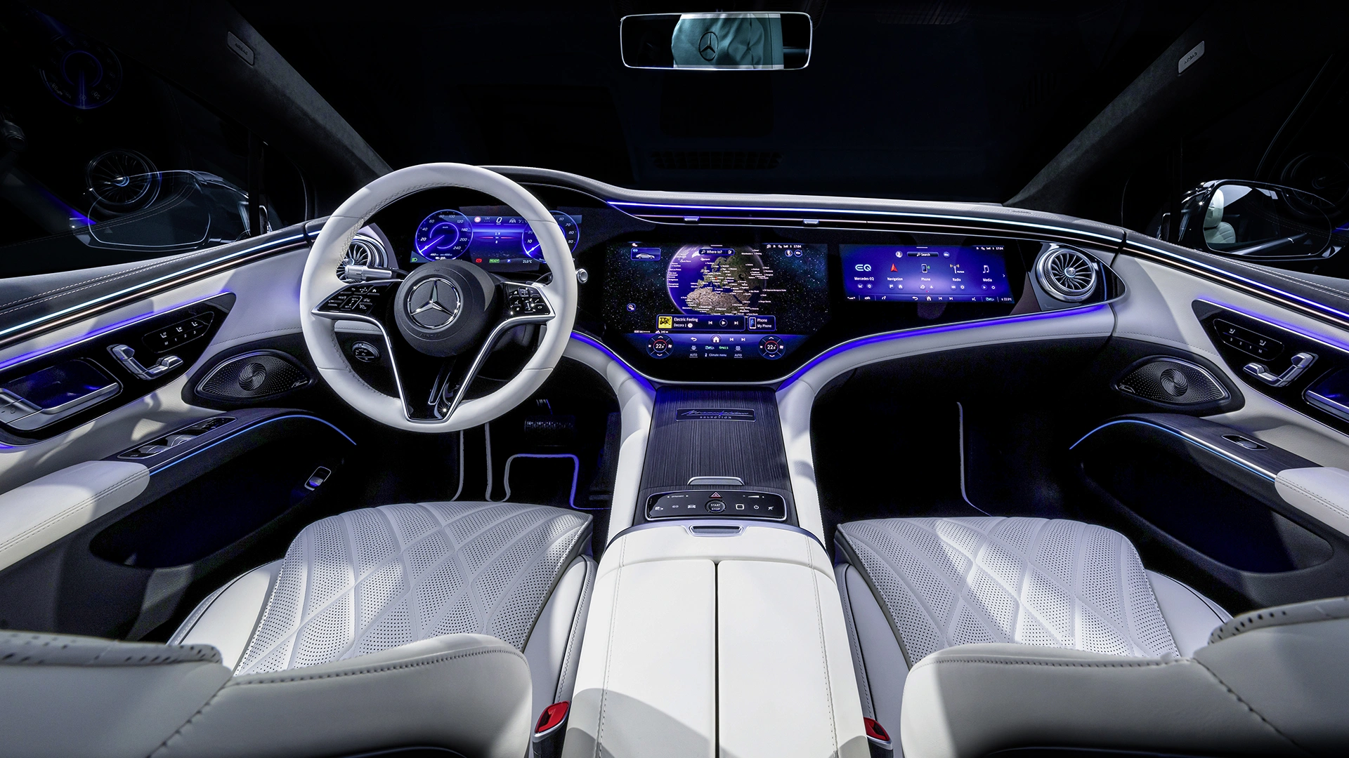 Mercedes-Benz EQS Sedan, kojelauta keskeltä kuvattuna.