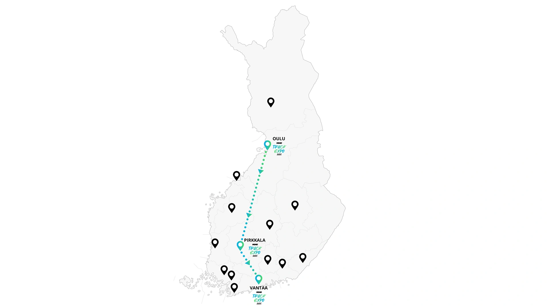 Suomen karttakuva, jossa merkittynä kiertuepaikkakunnat Oulu, Pirkkala ja Vehkala