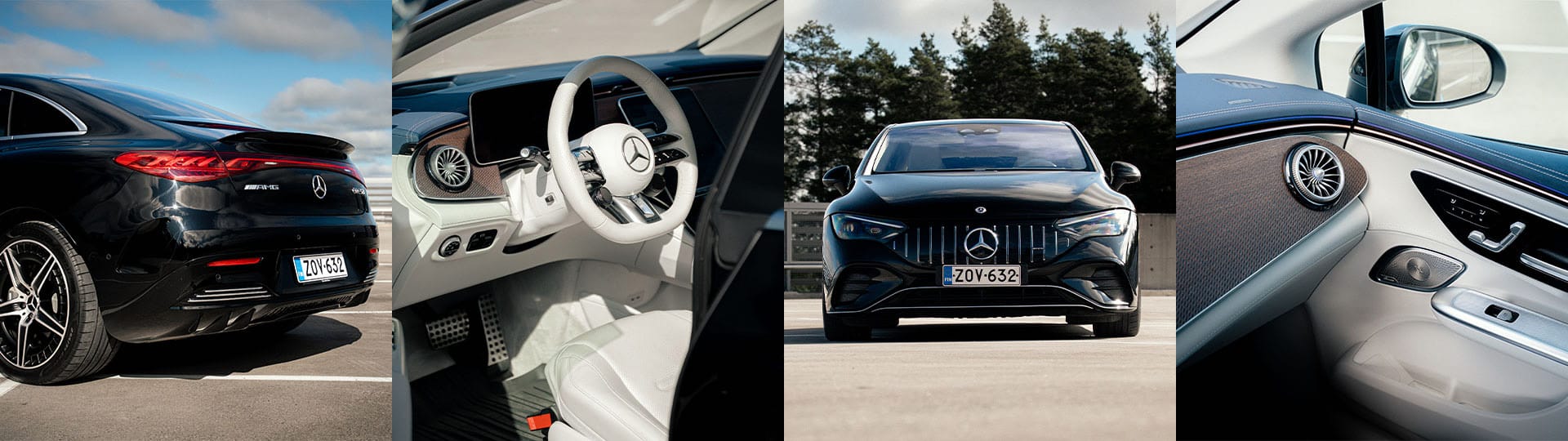 Mercedes-Benz EQE 53 -mallin neljä yksityiskohtakuvaa.