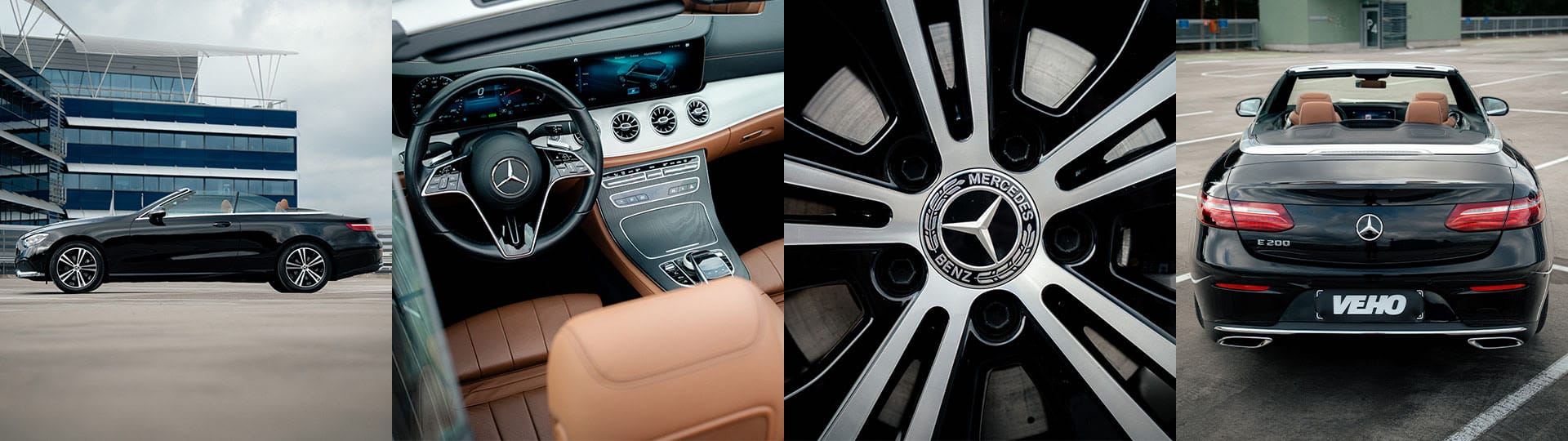 Neljä kuvaa Mercedes-Benz E 200 Cabriolet-mallista.